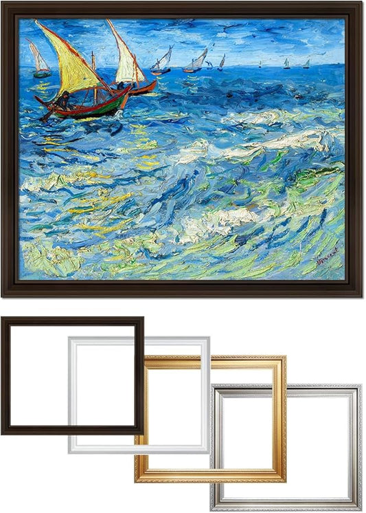 DECORARTS - Fishing Boats At Sea - Vincent Van Gogh Giclee Prints w/Antique Brown Frame for Wall Decor.