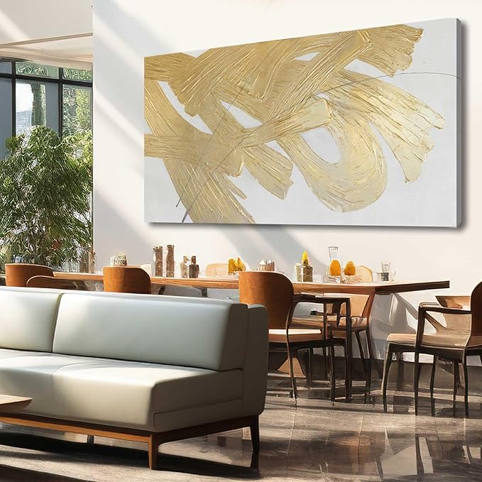 XIANSHOU Wall Decorations for Living Room Gold and White Abstract Canvas Art Oil Painting Large Minimalist Decor Wall Art for Office Bedroom Home 29"x 58"