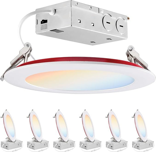PARMIDA (6 Pack) 6 Inch 2HR Fire Rated LED Recessed Light, ETL, 5 Color Selectable 2700/3000/3500/4000/5000K, 12W Dimmable Ultrathin Canless Wafer Slim Panel Downlight, Wet/IC Rated, No Tenmat Needed