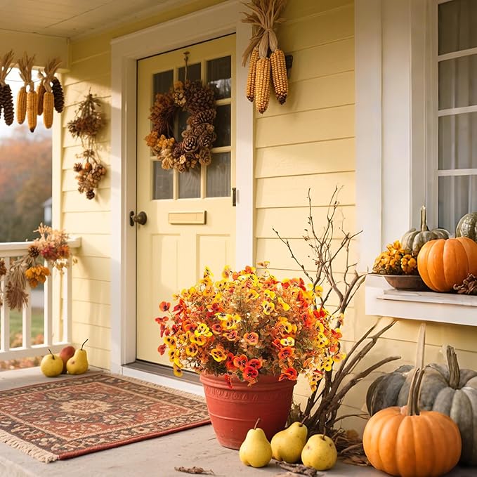 12 Bundles Artificial Flowers Outdoor Fake Fall Flowers for Outside Decoration UV Resistant Plastic Faux Plants for Garden Window Porch Balcony Fall Wedding Thanksgiving Decor(Mix)