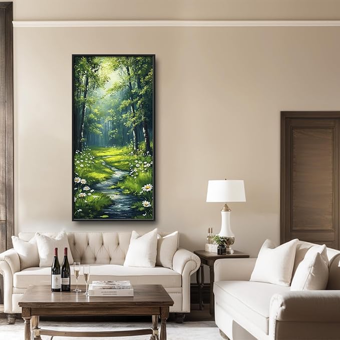 Green Forest Vertical Wall Art for Living Room, Large Tree Canvas Wall Decor, Daisy Flowers Pictures Framed Painting, Landscape Artwork for Bedroom Office Home Decor 60L'' × 30W''