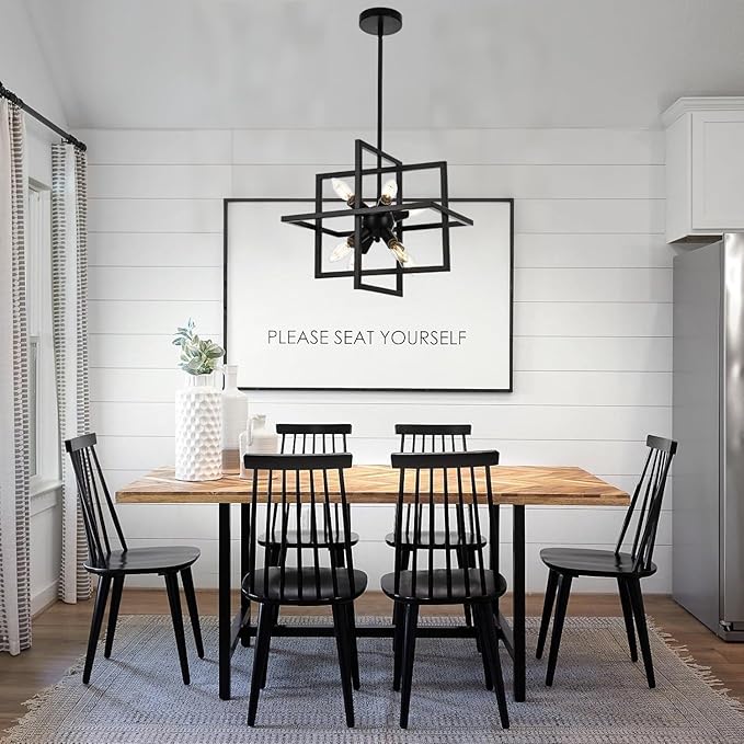Small Modern Lantern Chandeliers, Geometric Black Pendant Lighting, 8-Light Industrial Hanging Chandelier Light Fixture for Dining Room, Kitchen, Bedroom, Foyer, Entryway, Farmhouse UL Listed