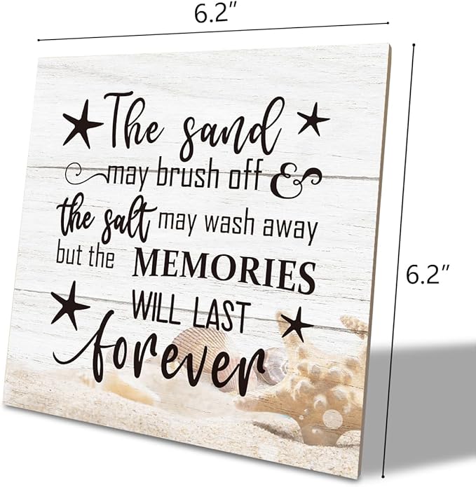 Beach Wood Sign, “The Sand May Brush Off the Salt May Wash Away but the Memories Will Last Forever”, Wooden Plaque Table Art Sign, Ocean Theme Home Decorations, Coastal House Decor, Family Sign F
