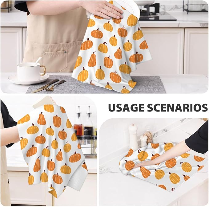 Fall Kitchen Towels 16x24 Inch Burnt Orange Yellow Pumpkin Decor Dish Towels Autumn Harvest Thanksgiving Seasonal Decoration Hand Towel Absorbent Dish Cloths for Home Kitchen Dining Set of 2