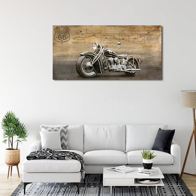 arteWOODS Vintage Motorcycle Canvas Wall Art - Historic Route 66 Retro Vehicle Pictures for Men Boys Bedroom Wall Decor Modern Motorcross Canvas Print Artwork Home Office Wall Decoration 24" x 48"