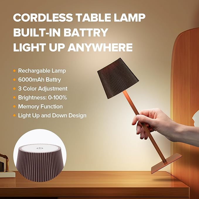 LUTEC 2 Pack Cordless Table Lamp,6000mAh Rechargeable Battery Operated Desk Lamp,Two Adjustable Heights,Waterproof, Touch Control & 3 Color Stepless Dimming for Restaurant/Bedroom/Bars/Outdoor (Brown)