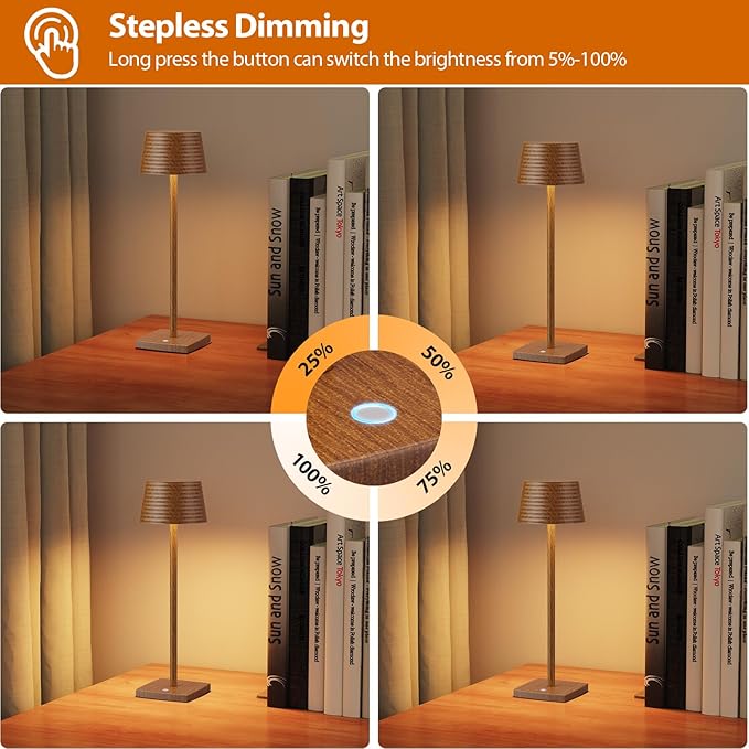 2Pack Cordless Table Lamps Rechargeable,Battery 6000mAh LED Portable Lights for Outdoor/Patio/Restaurant/Indoor Desk Lamp - IP54 Waterproof 3 Colors Stepless Dimming (2pack Wood Grain)