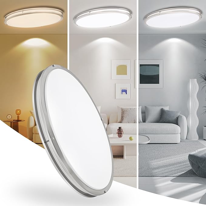 33 Inch Oval Brushed Nickel Ceiling Light Fixture - Flush Mount LED Kitchen Ceiling Lamp 3000K/4000K/5000K Adjustable Brushed Nickel Bathroom LED Light for Bedroom 40W 2500LM