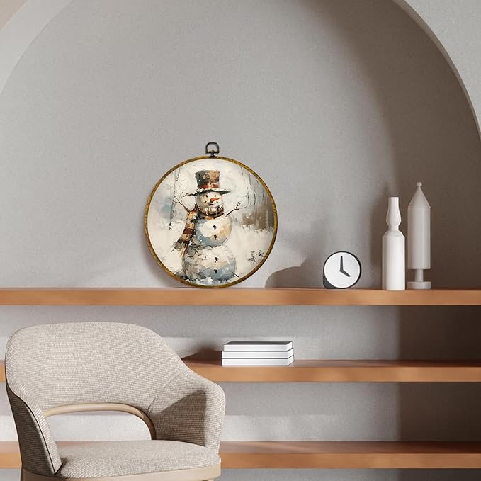 CUANFDDSF Vintage Winter Christmas Snowman Round Wall Art Decor, Cozy Winter Rustic Snowman Wall Hanging Frame Decor, Retro Christmas Canvas Prints Decorations for Home Bedroom Living Room, 10x10 Inch