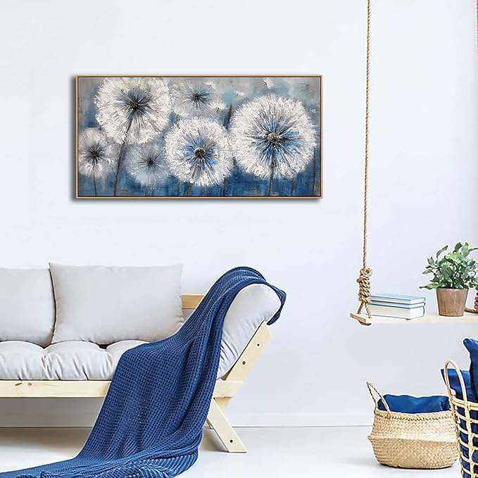 Dandelion Canvas Print - Framed Wall Art for Living Room & Bedroom - Large White Flower Flora Home Decoration (With Solid Wood Dark Frame)