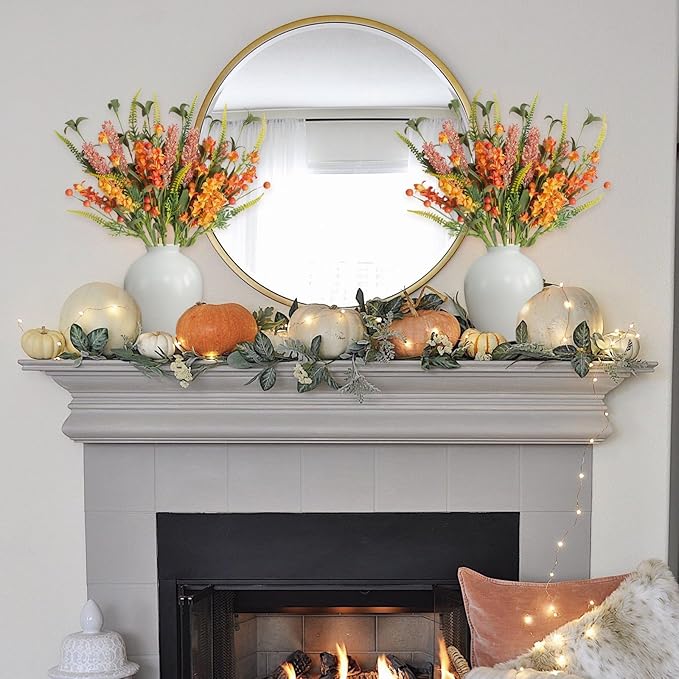 Egolot Fall Orange Yellow Forsythia Flowers Picks with Orange Gradient Berries Set for Indoor Outdoor Centerpieces, Autumn Flower Picks Bouquet for Indoor Outdoor Vase Home Decor