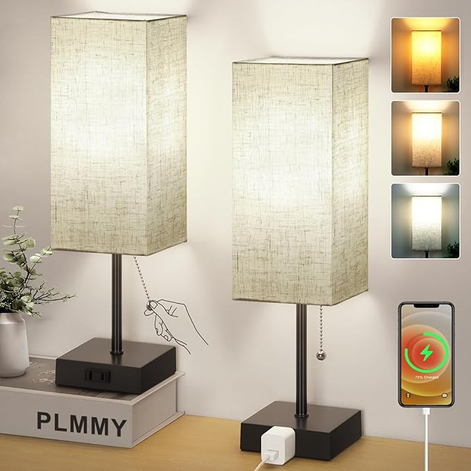 Table Lamp for Bedroom Set of 2, Bedside Lamps with 3 Color Temperatures Night Light, Lamp for Night Stands with AC Outlet and Square Shade, Pull Chain Small Desk Lamp for Living Room Home Decor