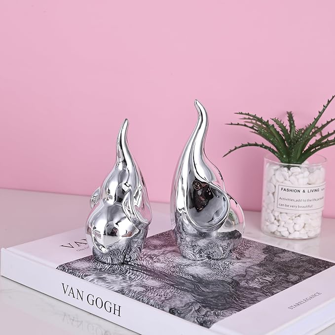 Ceramic Elephant Figurines with Trunk Up, Pair Couples Loving Statue, Small Figurines Sculpture African Home Decor, Valentine Elephants Gifts for Women, Wedding Knick Knacks(Silver