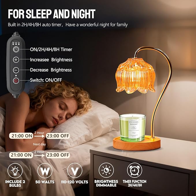 GEEZO Fragrance Candle Warmer Lamp with 2 Bulbs Electric Candle Warmer with Timer & Dimmer for Home Decor Wax Melt for Small Large Size Jar Candles Retro Wooden Base