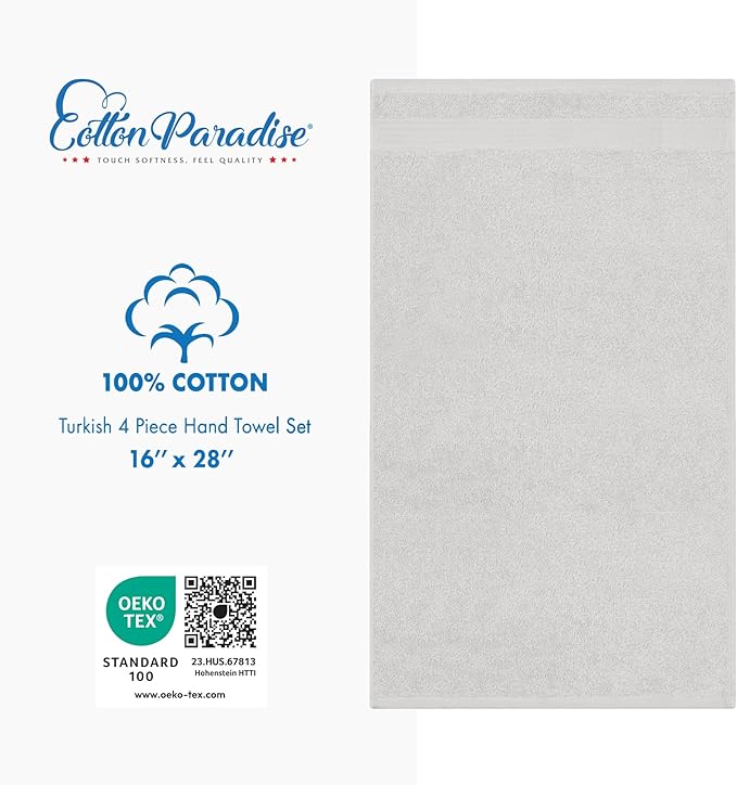 Cotton Paradise Hand Towels for Bathroom, 100% Cotton Turkish 4 Piece Hand Towel Set, Soft Absorbent Face Towels, Silver Grey Hand Towels