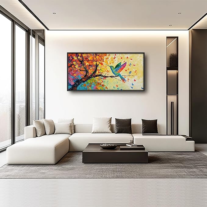 Hummingbird Framed Wall Art for Living Room, Large Bird Canvas Wall Decor, Hummingbirds on Branch Pictures Painting, Modern Artwork for Bathroom Bedroom 60L'' × 30W''