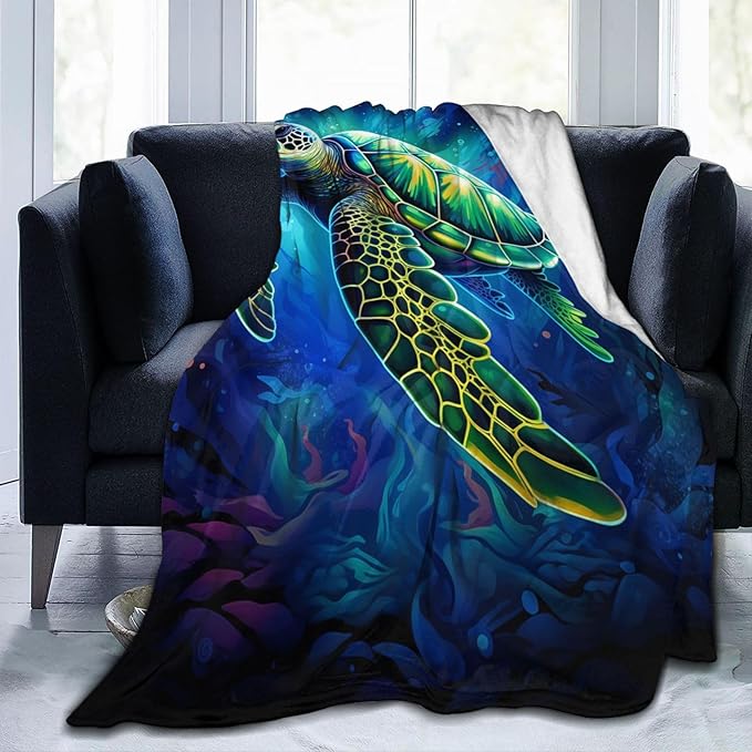 Sea Turtle Blue Blanket Turtles Shell Waves Flannel Throw Blankets for Home Decor Couch Bed Sofa Soft Fuzzy Lightweight Gifts for Kids Adult 50x40 Inches