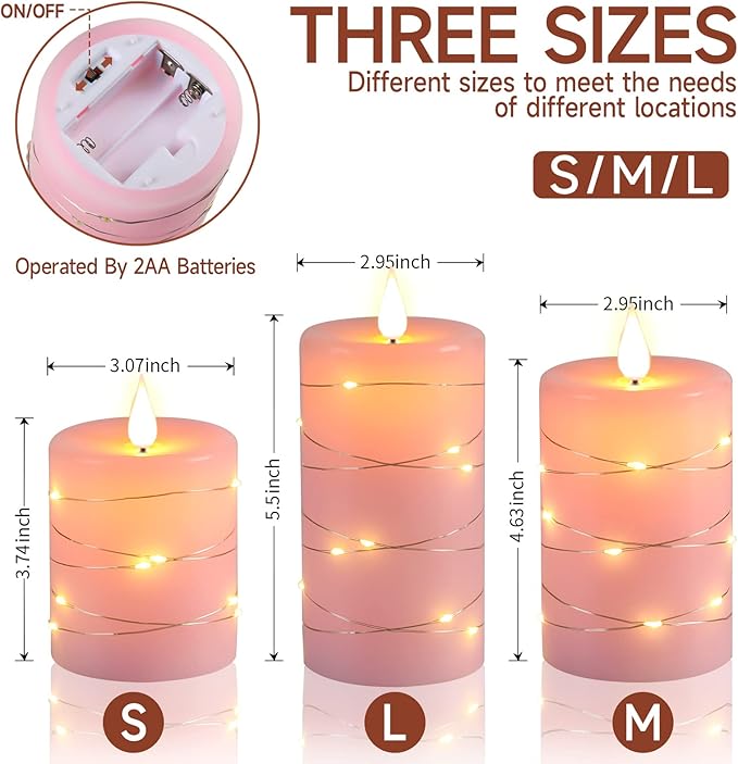 Da by Flameless Candles with String Lights，Battery Operated Candles,LED Flickering Candles with Remote Control and Timer, Real Wax, 3 Pack-Pink