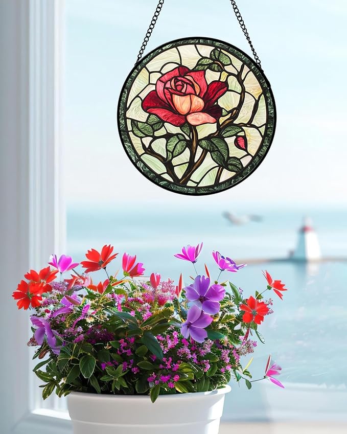 Stained Glass Window Hanging, Red Rose Flowers Sun Catcher for Door Garden Home Decor Suncatcher Christmas Mother's Day Birthday Gifts for Women Lovers Men Wife Girlfriend Mom Nana 15 in