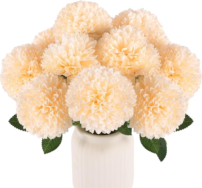 Hananona 12 Pcs Artificial Chrysanthemums Flowers Ball Flowers, Fake Mums Silk Plants for Home Decor Indoor Floral Arrangement Table Centerpiece (12, Champagne)