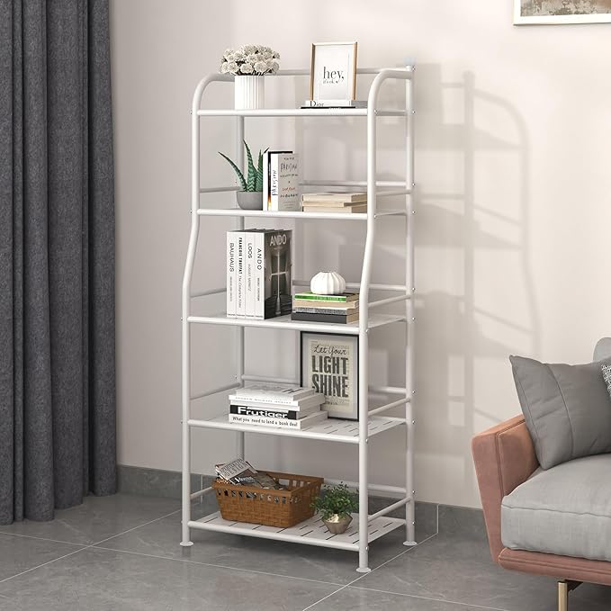 5 Tier Metal Shelf Storage Shelves Living Room Bookshelf Bathroom Corner Storage Rack for Kitchen,Indoor Plant Stand (Matte White, 5 Tier)