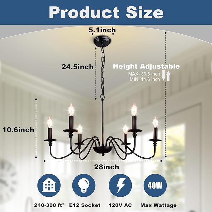Depuley Farmhouse Chandelier for Dining Room: 6-Light Black Industrial Kitchen Island Pendant Light Fixture with 6 E12 Bulbs - Rustic Candle Chandeliers Vintage Modern Hanging Ceiling Lamp for Bedroom