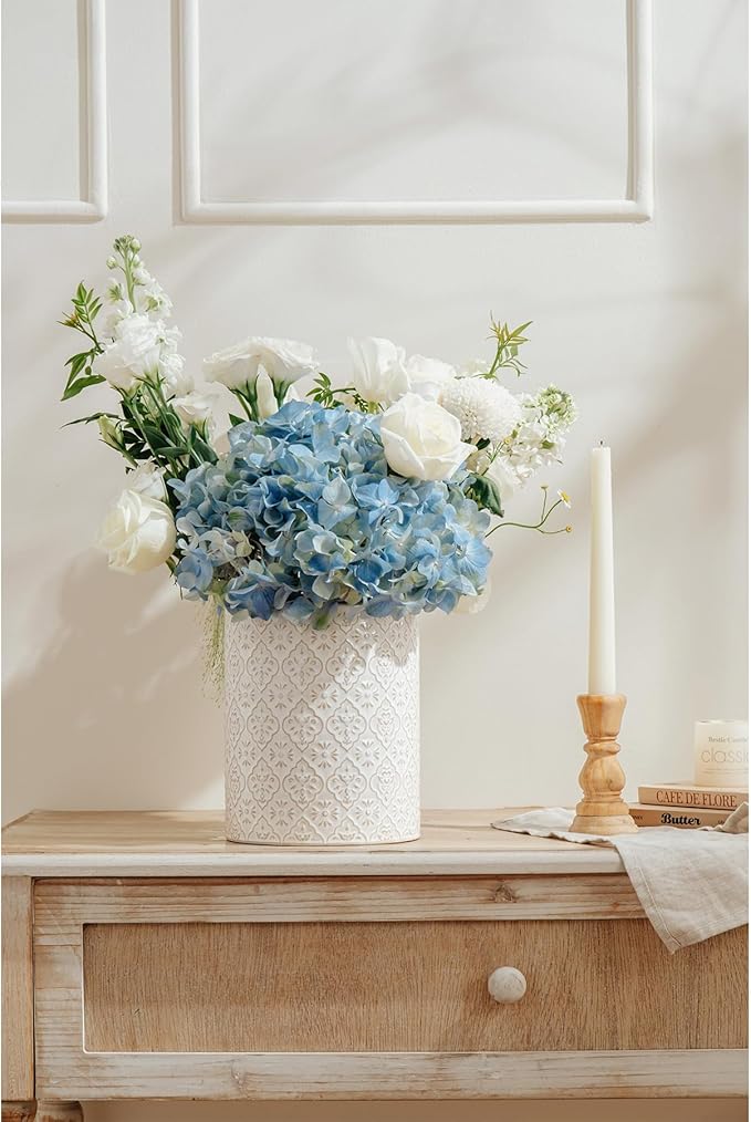 Kitchen Utensil Holder, 6x7 inch Large Ceramic Utensil Holder with Embossed Pattern, Cooking Utensil Crocks for Kitchen Countertop, Home Decor, Off-White