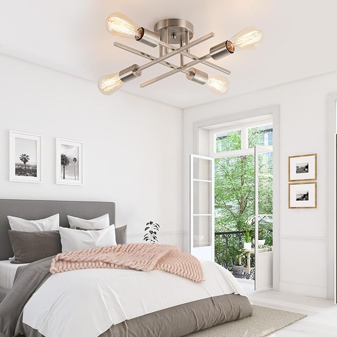 4-Light Modern Sputnik Chandeliers, Silver Mid Century Semi Flush Mount Ceiling Light Fixtures with E26 Base, Industrial Vintage Kitchen Farmhouse Light for Dining Room Bedroom Living Room