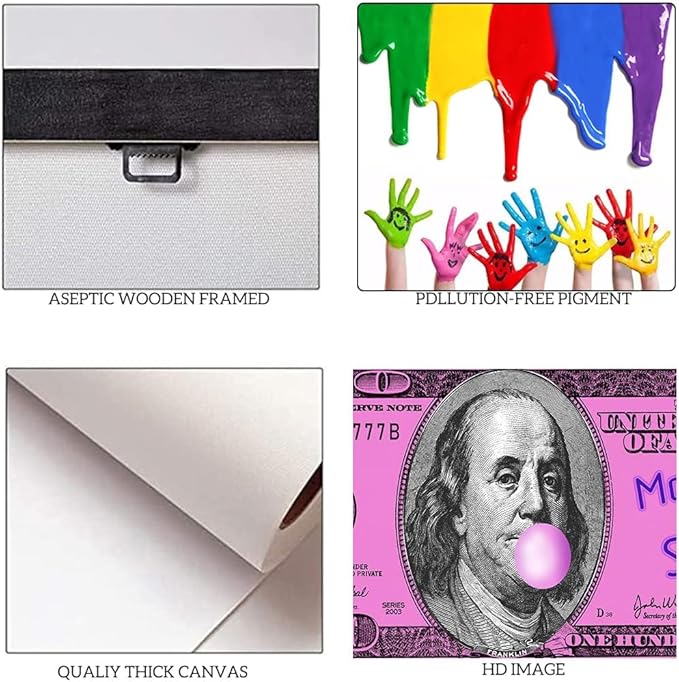 Yatsen Bridge Money Never Sleeps Wall Art Inspiraional Pink Dollar Money Artwork Pop Art Wooden Framed Ready to Hang-32 inch x 16 inch