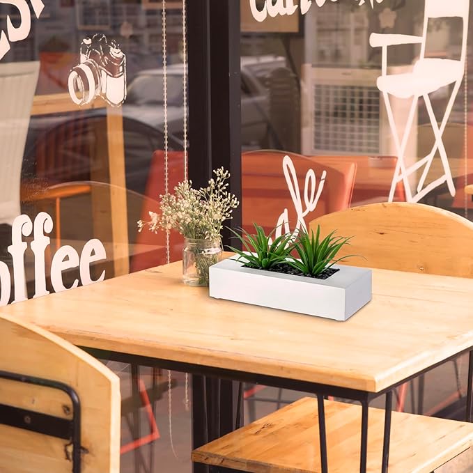 MyGift 10 Inch Artificial Grass Fake Plants in White Rectangular Wood Planter - Faux Plants Indoor for Tabletop Centerpiece Décor