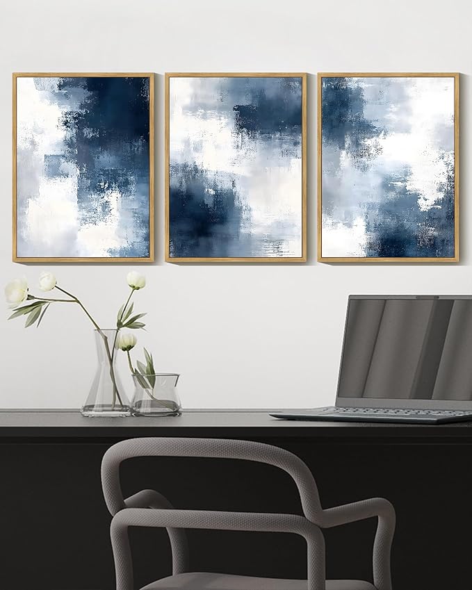 KUVIOKE Navy Blue Abstract Wall Art Framed Neutral Brush Strokes Block Shape Mid Century Art Prints Minimalist Modern Illustrations Bedroom Hallway 11x14in (Natural Framed)