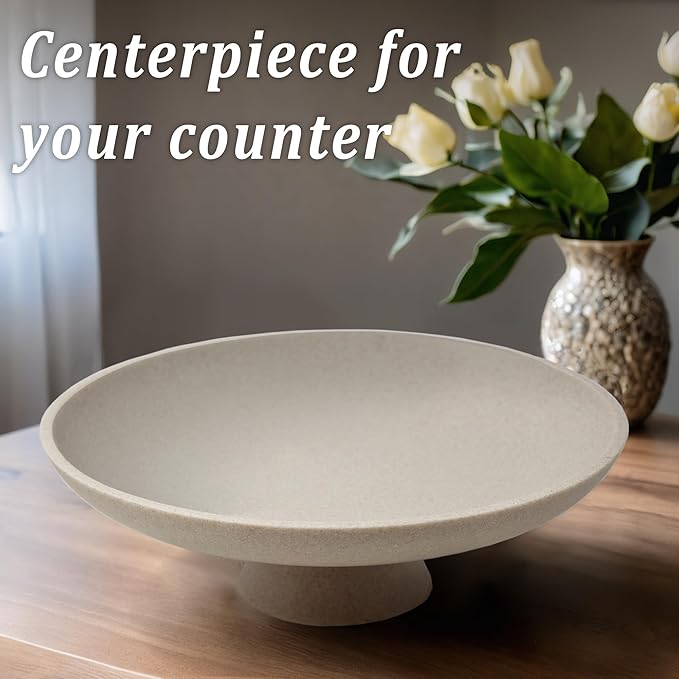 Large Decorative Bowl, Modern Resin Pedestal Bowl for Home Decor, Stylish Fruit Bowl for Kitchen Counter, Chic Key Holder for Entry Table, Beige