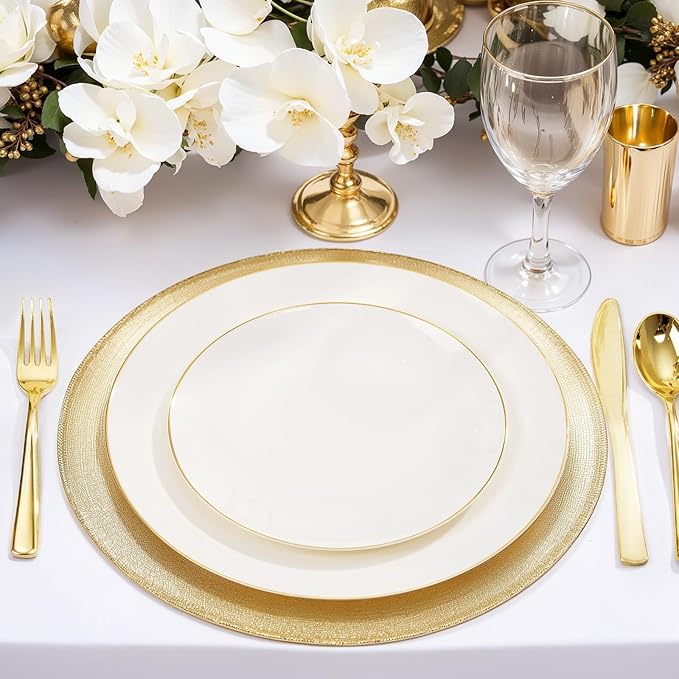 Nervure 100Pcs Ivory and Gold Plastic Plates - 7.5inch Disposable Ivory Dessert/Salad Plates - Heavy Duty Plastic Plate Ideal for Wedding & Party & Thanksgiving