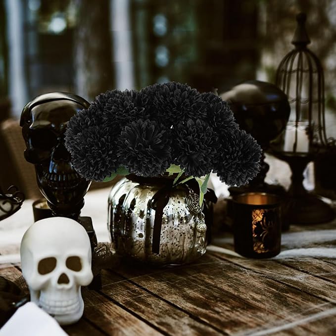 Hananona 12 Pcs Artificial Chrysanthemums Flowers Ball Flower, Fake Mums Flowers Black Silk Plants for Ghothic Home Decor Indoor Floral Arrangement Halloween Table Centerpiece (12, Black)