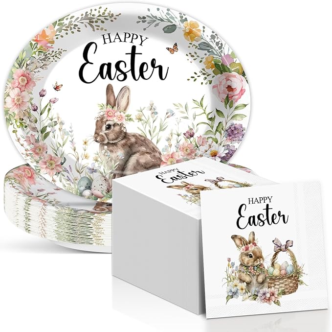 Happy Easter Oval Paper Plates Vintage Bunny Rabbit Flower Plates and Napkins Party Decorations Easter Floral Party Supplies 11inch Heavy Duty Dish Tray Dinnerware for Spring Picnic, 25 Guest
