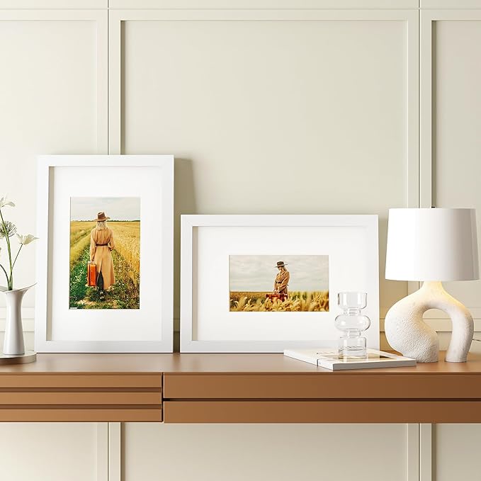 Egofine 8x12 Picture Frames Set of 4, Made of Solid Wood Covered by Plexiglass 5x7 and 6x8 with Mat or 8x12 without Mat, for Table Top Display and Wall Mounting Photo Frame White