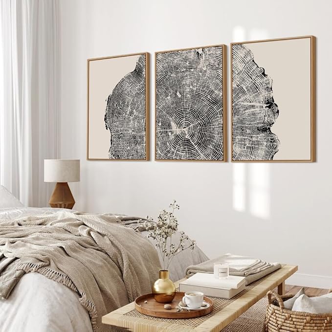 CHDITB Framed Wood Tree Rings Wall Art Set, 16x24in Black and White Canvas Art Wall Decor, Abstract Nature Wall Pictures Prints, Modern Paintings Wall Art for Living Room, Bedroom, Farmhouse(3Pcs)