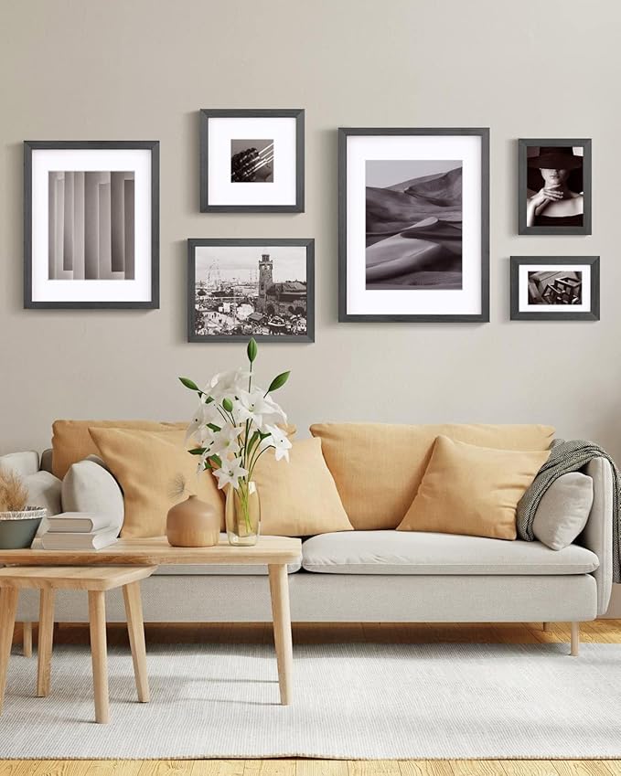 Egofine 12x16 Picture Frames Set of 4, Made of Solid Wood Covered by Plexiglass 9x12 and 11x14 with Mat or 12x16 without Mat, for Wall Mounting Photo Frame Rustic Black