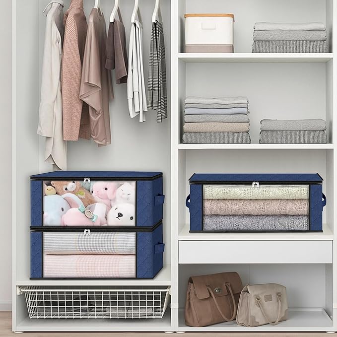 HomeHacks Storage 3-Pack Clothes Organizer Storage Bags Foldable Storage Box with Large Clear Window Sturdy Handles for Closet, Dorm, Pillows, Bedding, Clothes, Blankets, 35L, Blue