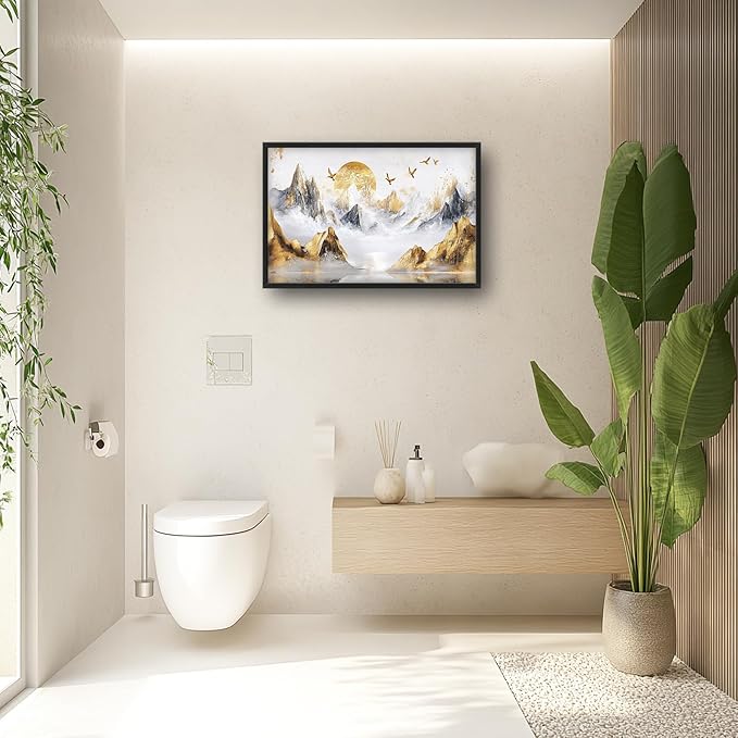 Extra Large Framed Abstract Mountain Wall Art,Golden Silver Sun Bird Wall Decor,Mountain Landscape Pictures for Living Room,Canvas Print Painting Modern Artwork Bedroom Office Bathroom 36L x24W