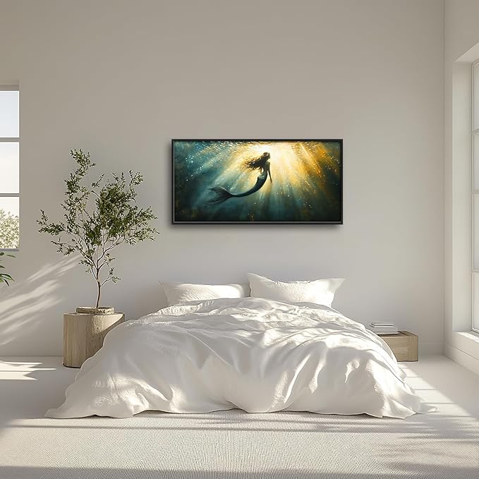 Olivine Mermaid Wall Art, Ocean Pictures Wall Decor, Coastal Painting, Marine Life Canvas Prints, Framed Artwork for Bathroom Bedroom Living Room Office Home Decoration 60"x30"