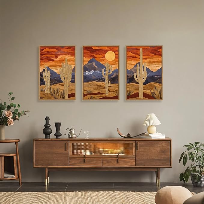HPNIUB Mountains Desert Framed Canvas Wall Art Set, Abstract Sun Art Prints, Modern Cactus Paintings Artwork, Mid Century Southwestern Landscape Wall Decor for Living Room, Bedroom, Office-24 x36 x3