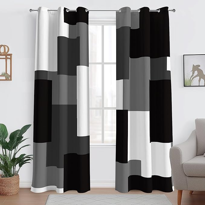 Black Grey 100% Blackout Curtains for Bedroom 96 inch Length 2 Panels Set White Grey Modern Abstract Geometric Black Out Curtains Insulated Room Darkening Window Drapes for Living Room, 42Wx96L