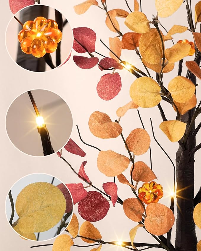 Uieke 24inch Artificial Fall Eucalyptus Tree 24 LED Prelit Tabletop Fall Tree with 6 Pumpkin Lights Battery Operated with Timer, Fall Decorations for Home Thanksgiving Halloween Decor