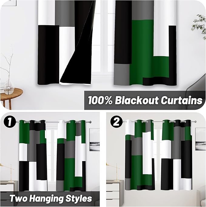 Green 100% Blackout Curtains 45 inch Length 2 Panels Set White Grey Modern Abstract Geometric Drapes for Kitchen Black Out Curtains Insulated Room Darkening Small Window Curtains, 42Wx45L