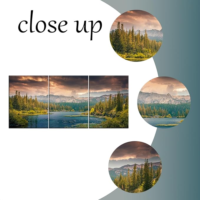 Lake Landscape Canvas Wall Art Poster Print White Clouds Forest Mountains HD Picture Painting Wall Decor Artwork for Modern Home Bedroom Bathroom Kitchen Wooden Framed Ready to Hang [36''W x 16''H]