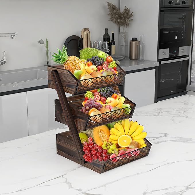 Dorhors Fruit Basket for Kitchen, 3 Tier Fruit Bowl for Kitchen Counter,Wooden Vegetable Holder for Countertop