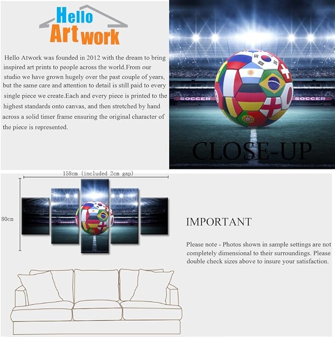 Hello Artwork Large 5 Pieces Canvas Wall Art Light Shining Soccer Ball Stadium Close Up Arena Soccer Field Championship Win Modern Wall Ready To Hang