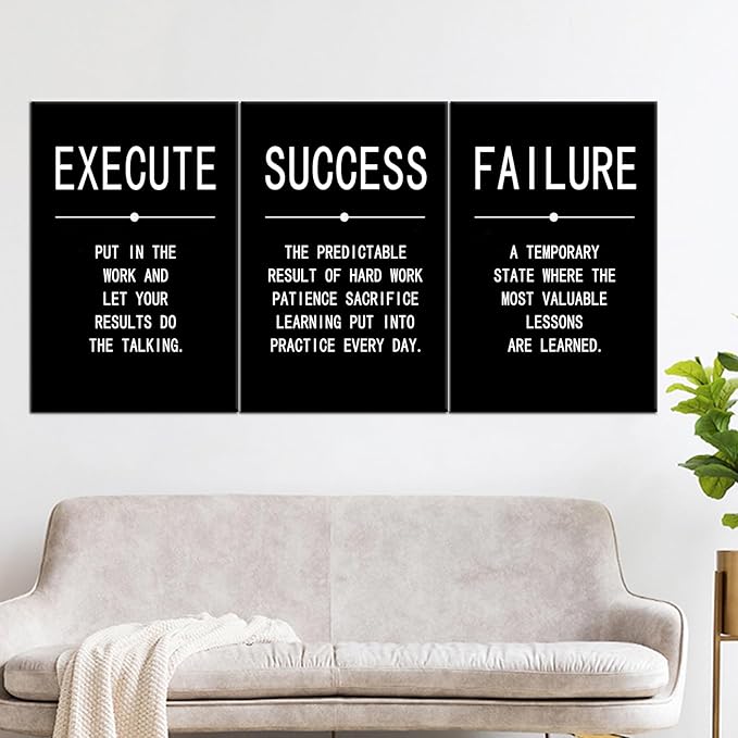 Success Quote Canvas Painting Wall Art Inspirational Wall Art Execute Failure Definition 3 Pieces Black Poster Positive Motivational Framed Artwork Prints Picture for Living Room Office [72''Wx 36''H]