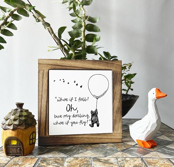 Inspirational Wood Sign - Desktop Plaque, Cartoon Lifestyle Decor, Motivational Home Decor for Kids & Adults - 'What If I Fall, Oh But Darling What If You Fly'